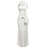 PICSGIRL  -  Elegant Sequined Patchwork 3 Piece Set Women Basic Scarf+Square Collar Tank Tops+Ruched Long Skirt Matching Trend Suits