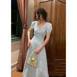 PICSGIRL  -  Sky Blue Summer French Pearl V-Neck Vintage Embossed Jacquard Dress with Waist Slim Design Medium Length Skirt