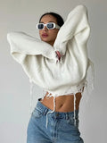 PICSGIRL  -  Fashion White Tassels Knitted Sweater 2024 Women Fashion O-neck Long Sleeves Cropped Pullover Lady High Street Jumper Top