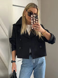 PICSGIRL  -  Fashion Denim Lapel Short Jacket For Women Chic Double Breasted Cropped Jackets Female 2025 Spring New Long Sleeve Street Tops