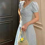 PICSGIRL  -  Sky Blue Summer French Pearl V-Neck Vintage Embossed Jacquard Dress with Waist Slim Design Medium Length Skirt