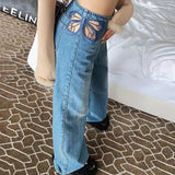 PICSGIRL -  Side Butterfly Jeans Women Sexy Hollow Embroidery Long Pants Women's All Match Casual Denim Pant Female Summer