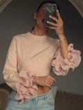 Picsgirl Elegant Pink Pleated Round Collar Shirt Casual Slim Fit Long Sleeve Short Tops 2023 Fashion Female Autumn Office Ladies Pullover