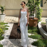 PICSGIRL  -  Sexy Slim Lace White Sling Dress Women Elegant Hollow Out Sleeveless Robes 2024 Summer Chic Female Club Party Dresses