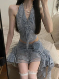 PICSGIRL  -  Summer Two Pieces Set Summer Halter Print Slim Sweet Ruffled Vest + Women Y2k Aesthetic Streetwear 3D Flower Grunge Mini Skirts