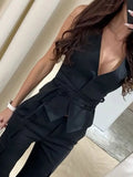 PICSGIRL -  Vintage Lace Up Deep V-neck Women Tank Top 2024 Spring Summer Slim Sleeveless Covered Button Vest Fashion Lady Office Waistcoat