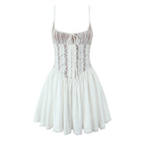 PICSGIRL  -  Romantic Women Patchwork Lace Sling Sexy Dress Round Neck Low Waist Pleated Swing White Party Mini Dresses Birthday Robe