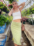 PICSGIRL  -  Solid Long Y2k Skirt Low Waist Women Clothing Bow Decor Edible Tree Fungus Summer Dress Light Green Side Split Faldas Largas