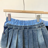 PICSGIRL  -  Vintage Pleated Denim Skirt Women Y2k Streetwear Low Waist Plaid Patchwork Sexy Korean Vintage Jeans Skirt 2024 Autumn