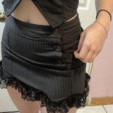 PICSGIRL  -  Y2k Cute Striped Black Skirt Lace Trim Button Up High Waist Mini Skirts Womans Clothing Summer 2024