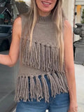 PICSGIRL  -  Tassels Knit Vests Women Casual Loose Half Neck Sleeveless Hollow Out Vest Female Fashion Solid Soft New Knitwears Lady