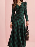 PICSGIRL  -  Women Green Plaid Pleated Irregular Maxi Dress Vintage V Neck Long Sleeve High Waist Dresses 2025 Spring Female Commuting Robes