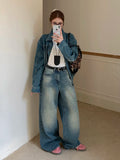 PICSGIRL  -  Women Boyfriend Whiskers Baggy Jeans Distressed Straight Long Trousers High Rise Wide Denim Pants Casual Retro Clothes