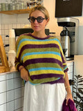 Picsgirl -  Fashion Colorful Mohair Striped Sweater Women O Neck Long Sleeve Loose Knitted Pullover Winter Lady Soft Street Warm Jumper