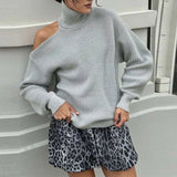 PICSGIRL  -  Women Autumn Winter Hollow Out Pullovers Knitted Loose High Neck Long Sleeve Off Shoulder Street Style Jumpers Sweater Gray