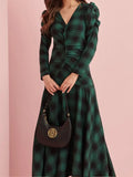 PICSGIRL  -  Women Green Plaid Pleated Irregular Maxi Dress Vintage V Neck Long Sleeve High Waist Dresses 2025 Spring Female Commuting Robes