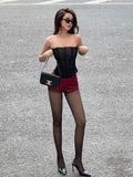 PICSGIRL  -  Summer Sexy 2Piece Set Women See Through Fishbone Mesh Strapless Tops+Mini Sequins Shorts Midnight Hottie Matching Suits