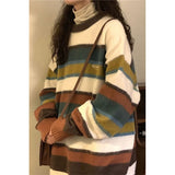 PICSGIRL  -  Harajuku Striped Sweater Women Oversized Knitted Pullovers Japanese Vintage Patchwork Jumpers Winter Preppy Korean Knitwear New