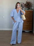 PICSGIRL  -  Cotton Loose Female Pajama 2 Piece Suit Short Sleeve Nightgown Sexy V-Neck Sleepwear Pants Casual Women Nightwear Set
