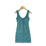 PICSGIRL  -  2024 Summer New V-neck Sleeveless Mesh Plaid Printed Lace Up Tank Top Dress Short Skirt