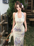 PICSGIRL  -  Sexy Two Pieces Set Sun Protection Crop Cardigan + High Waist Halter Print Backless Bandage Drees Femme Outfit Y2k Aesthetic