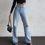 PICSGIRL  -  Fashion Denim Ripped Distressed Jeans Woman High Waist Flare Pants Bottom Streetwear Trousers Pants Jeans Ladies Women Jeans