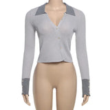 PICSGIRL  -  Hollow Button Knitted Cardigan Top Female Sexy See Through Lapel Contrast Slim Spring New Long Sleeve Women's Sweater Top