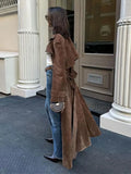 PICSGIRL  -  Fashion Solid With Belt Suede Long Jacket 2024 Women Chic Button Lapel Oversize Loose Overcoat Autumn Female High Street Coat