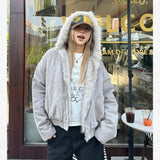 PICSGIRL  -  American Retro Fur Collar Hooded Jacket Women Y2K Streetwear Winter New Velvet Thickened Warm Harajuku Loose Casual Jacket