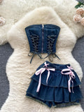 PICSGIRL  -  Y2K Sexy Mini Skirt Denim Tie Cross Bow Bandage Cape+denim Two-piece Zipper Strapless Tube Top Streetwear Set