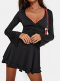 PICSGIRL  -  Black Slim V-Neck Low-Cut Long Sleeve Dresses Sexy Basic Women 2024s New Clothes Tierred Ruched Short Vestido