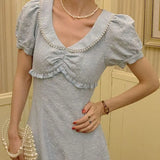 PICSGIRL  -  Sky Blue Summer French Pearl V-Neck Vintage Embossed Jacquard Dress with Waist Slim Design Medium Length Skirt