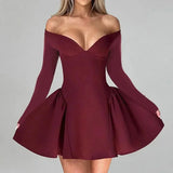 PICSGIRL  -  Sexy Off Shoulder Backless Mini Dress Women Deep V Neck Slim Long Sleeve A-line Dresses 2025 Lady Elegant Solid Party Ball Gowns