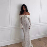 PICSGIRL  -  Elegant Off The Shoulder Bodycon Dress 2024 New in White Flare Sleeve Lace Maxi Dress Wedding Guest Dress for Women