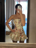 PICSGIRL  -  Sweet 2Piece Set Women Flower Print Single-Breasted Metal Buckle Wrap Mini Top+Patchwork Lace Folds Skirt Matching Suits