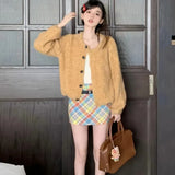 PICSGIRL  -  Solid Yellow Knit Sweater Cardigan Women Autumn Soft Sweet Slouchy Long Sleeve Round Neck Cute Schoolgirl Daily Loose Outerwear