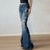 PICSGIRL  -   Y2K Rose Embroidered Trumpet Jeans Women Fashion Aesthetic Slim Flare Pants Vintage Blue 2000s Denim Trousers Spring