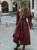 PICSGIRL  -  Fashion Retro Wine Red Long Women's Coat Turndown Collar Double Breasted Coats with Belt Vintage Windproof Winter Overcoat