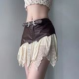 Picsgirl -  In American Retro Short Skirt One Piece Lace Patchwork Leather Half Skirt Women's Low Waisted Personalized Belt Pleated Skirt