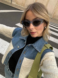 PICSGIRL -  Lady Chic Denim Spliced Crop Jacket Women Elegant Single Breasted Lapel Long Sleeve Coat 2024 Spring Fashion High Streetwear