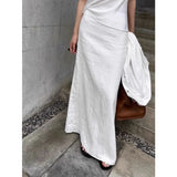 PICSGIRL  -  Casual Vacation Solid Color White Women Summer Skirt 2024 New High Waist Slit Elegant Fashion Female Long Skirts Cotton Blend