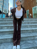 PICSGIRL -  Korean Velvet Trousers Set Fashion Hot Diamond Letter Zipper Hooded Cardigan Short Open Navel Top Sports Casual Suit