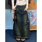 PICSGIRL  -  Autumn Women Blue Denim Pocket Half Body Skirt High Waist Casual Korean Mid Length Baggy Vintage Y2K Straight Denim Long Skirt