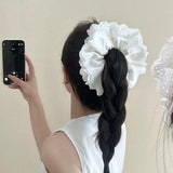 PICSGIRL  -  White French Retro Large Hair Rope Ties Ponytail Holder Big Flower Lolita Lace Hair Bands Korean Lace Cotton Pleated Scrunchies