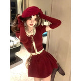 PICSGIRL  -  Sexy Two piece Set Women Outfits Winter New Christmas and New Year Dark Red Waist Cinched Slim Knitted Sweater Top Short Skirt