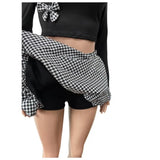 PICSGIRL  -  Women Fashion 2 Piece Set Bow Decor O-neck Long Sleeve T-shirts Crop Tops + Mini Plaid Puffy Shorts Skirts Casual Street Suits