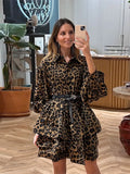 PICSGIRL -  Lady Elegant Leopard Print Lapel Cake Dress Chic Female Lantern Sleeves Waist Wrapped Dresses 2024 Spring Leisure Commuter Wear