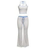 PICSGIRL  -  Simple Letter Print 2 Piece Set Women Halter Bandage Crop Tops+Drawstring Stretch Flare Pants Vacation Matching Suits