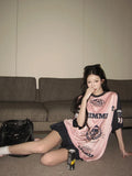 PICSGIRL  -  Satin Pink Sport T Shirts Women Letter Print Patchwork Short Sleeve Tops American Retro Summer Basketball Loose Clothes