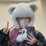 PICSGIRL  -  Winter Bear Ears Hat with Strap Pompom Women Fluffy Fur Fleeze Ear Protection Beanies Outdoor Windproof Cold Warm Plush Bonnet